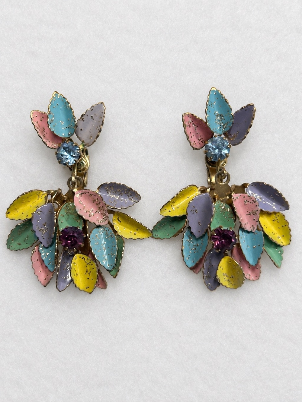 Vintage Pastel Enamel Leaf Rhinestone Dangle Clip-On Earrings (1950s–1960s)